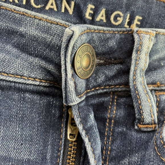 American Eagle Dark Wash Distressed Short Stretch Mid Rise Skinny Jeans 2 4 25 - Picture 3 of 12